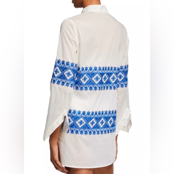 Tory Burch Stephanie Embroidered Coverup Tunic Top Ivory/blue Sz M NWT - Picture 2 of 13